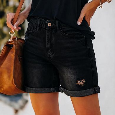 Women's High Waisted Distressed Denim Shorts Rolled Hem Ripped Jeans with Pockets