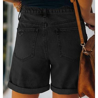 Women's High Waisted Distressed Denim Shorts Rolled Hem Ripped Jeans with Pockets