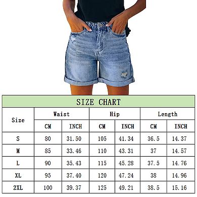 Women's High Waisted Distressed Denim Shorts Rolled Hem Ripped Jeans with Pockets