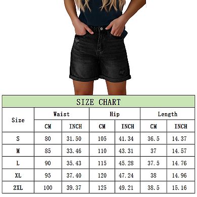 Women's High Waisted Distressed Denim Shorts Rolled Hem Ripped Jeans with Pockets