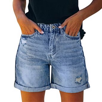 Women's High Waisted Distressed Denim Shorts Rolled Hem Ripped Jeans with Pockets