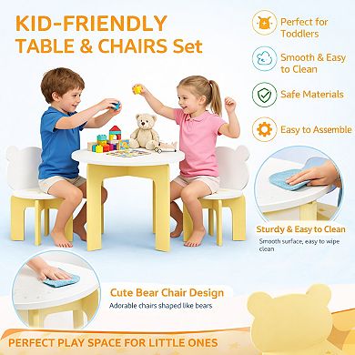 3-Piece Kids Table and Chair Set, Cute Bear Backrest Chairs, Wooden Activity Set, White