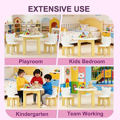3-Piece Kids Table and Chair Set, Cute Bear Backrest Chairs, Wooden Activity Set, White