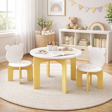 3-Piece Kids Table and Chair Set, Cute Bear Backrest Chairs, Wooden Activity Set, White