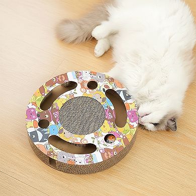 Round Cat Scratcher Toy with Jingle Balls Corrugated Cardboard Puzzle Interactive Cat Activity Board