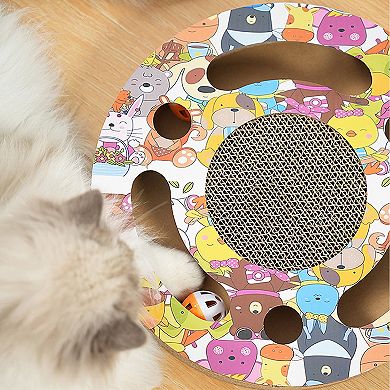 Round Cat Scratcher Toy with Jingle Balls Corrugated Cardboard Puzzle Interactive Cat Activity Board