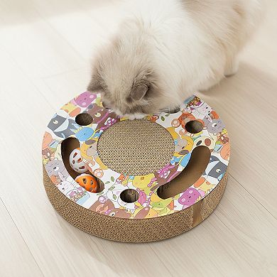 Round Cat Scratcher Toy with Jingle Balls Corrugated Cardboard Puzzle Interactive Cat Activity Board