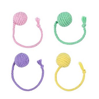 4 pc Cat Fetch Ball Toys with Rope Tails Squeaky Interactive Toys for Adult Cats and Kittens