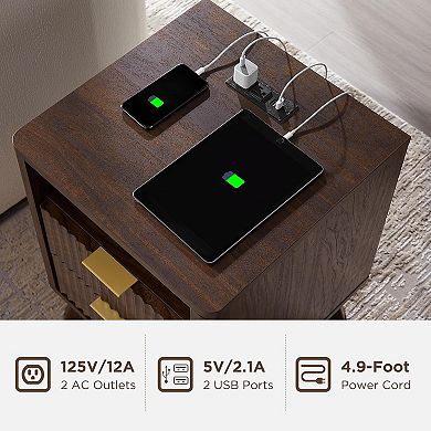 18" Fluted Nightstand with Charging Station, 2 Drawer, Open Shelf, Modern Bedside Table for Bedroom