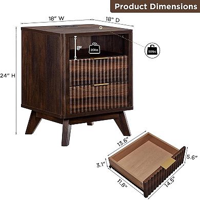 18" Fluted Nightstand with Charging Station, 2 Drawer, Open Shelf, Modern Bedside Table for Bedroom