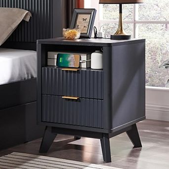 18" Fluted Nightstand with Charging Station, 2 Drawer, Open Shelf, Modern Bedside Table for Bedroom