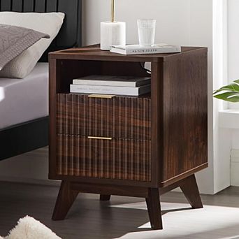 18" Fluted Nightstand with Charging Station, 2 Drawer, Open Shelf, Modern Bedside Table for Bedroom
