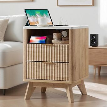 18" Fluted Nightstand with Charging Station, 2 Drawer, Open Shelf, Modern Bedside Table for Bedroom