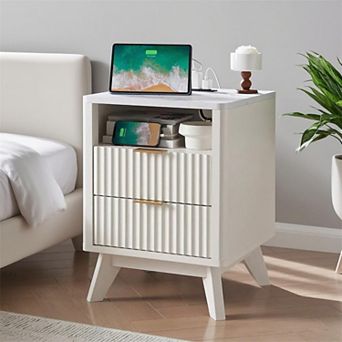 18" Fluted Nightstand with Charging Station, 2 Drawer, Open Shelf, Modern Bedside Table for Bedroom