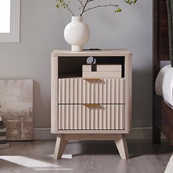 18" Fluted Nightstand with Charging Station, 2 Drawer, Open Shelf, Modern Bedside Table for Bedroom
