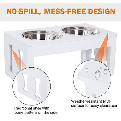 23" Modern Pet Food Bowl, Dog Bone Shaped, Wooden Heavy-Duty, White