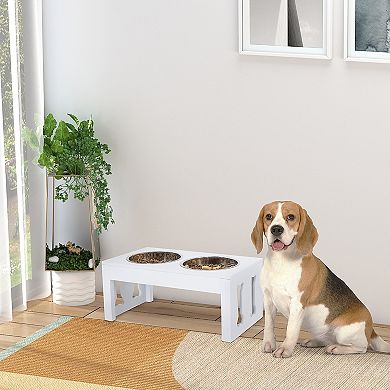23" Modern Pet Food Bowl, Dog Bone Shaped, Wooden Heavy-Duty, White