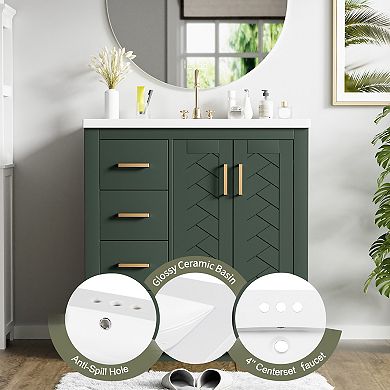 30-inch Bathroom Vanity with Ceramic Sink, Storage Cabinet with 3 Soft-Close Drawers, Green