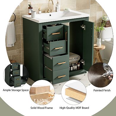 30-inch Bathroom Vanity with Ceramic Sink, Storage Cabinet with 3 Soft-Close Drawers, Green