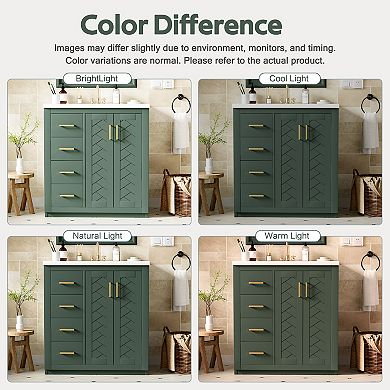 30-inch Bathroom Vanity with Ceramic Sink, Storage Cabinet with 3 Soft-Close Drawers, Green