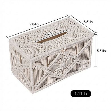 Handwoven Macrame Tissue Box Cover with Textured Geometric Design