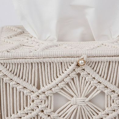 Handwoven Macrame Tissue Box Cover with Textured Geometric Design
