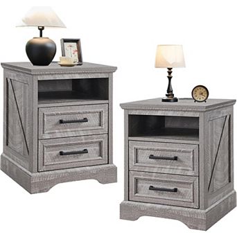 18" Farmhouse Night Stand Set of 2 with Charging Station, End Table w/2 Drawers Storage for Bedroom