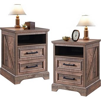 18" Farmhouse Night Stand Set of 2 with Charging Station, End Table w/2 Drawers Storage for Bedroom