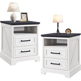 18" Farmhouse Night Stand Set of 2 with Charging Station, End Table w/2 Drawers Storage for Bedroom