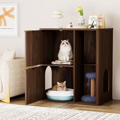 31.5-Inch Cat Litter Cabinet with Cat Tree, Double Cat Doors and Storage Shelves