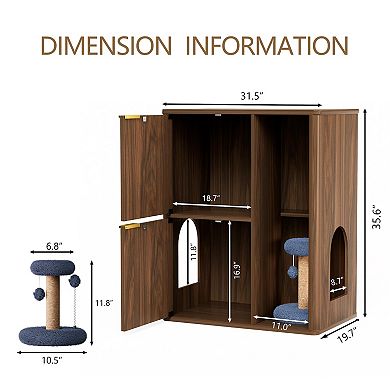 31.5-Inch Cat Litter Cabinet with Cat Tree, Double Cat Doors and Storage Shelves