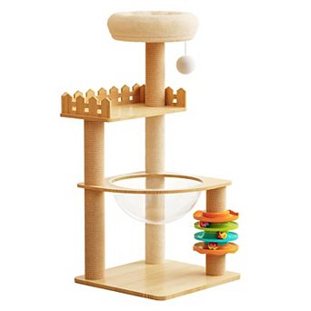 39.3-inch Cat Tower, Indoor Wooden Cat Tree with Scratching Posts, Top Perch and Acrylic Hammock