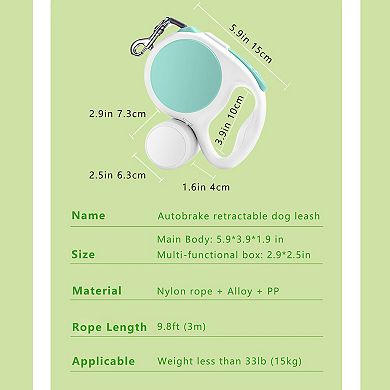 Automatic Retractable Dog Leash with Waste Bag Holder 10ft Pet Training Leash for Small Medium Dogs