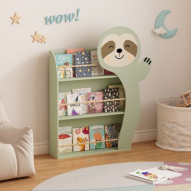 Sloth Kids' Bookshelf, 3-Tier Front-Facing Book Display, Cute Animal Design