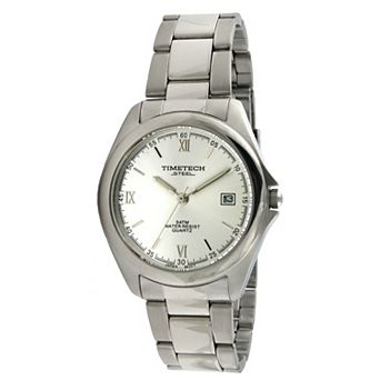 TIMETECH Men's Water Resistant Steel Bracelet Watch with Roman Numerals and Date Window