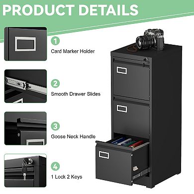 3-Drawer Locking File Cabinet, Vertical Metal File Cabinet, Fits A4/Legal Size Documents, Black