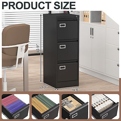 3-Drawer Locking File Cabinet, Vertical Metal File Cabinet, Fits A4/Legal Size Documents, Black