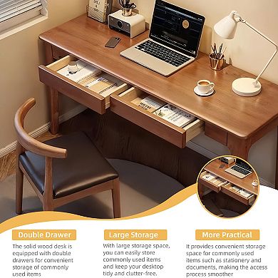 Lufeiya 47" Solid Wood computer Desk with Double Drawers, Edge Standing Desk, Home Office Desk