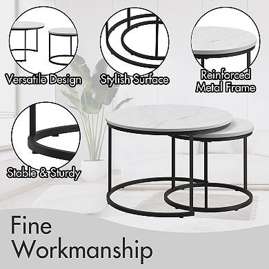 27.6 Inch Nesting Coffee Table Set (2 Pieces), Round Coffee Table, for Living Room & Bedroom, White
