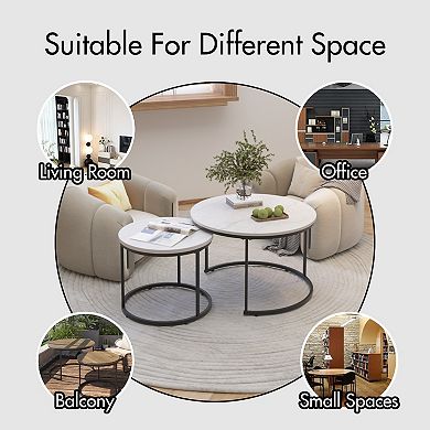 27.6 Inch Nesting Coffee Table Set (2 Pieces), Round Coffee Table, for Living Room & Bedroom, White