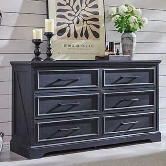 6 Drawer Dresser, Farmhouse TV Stand with 6 Drawers, 52" W Rustic Dresser Wood Chest of Drawers