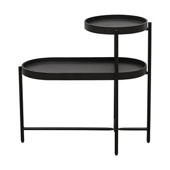 2 tier Side Table with Storage, Black Metal Frame & Wood Top, for Living Room Sofa Side