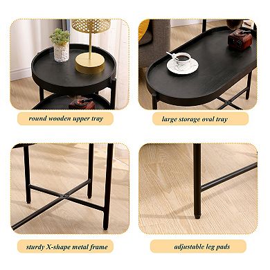2-Tier Side Table with Storage, Black Metal Frame & Wood Top, for Living Room Sofa Side