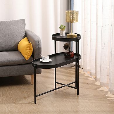 2-Tier Side Table with Storage, Black Metal Frame & Wood Top, for Living Room Sofa Side
