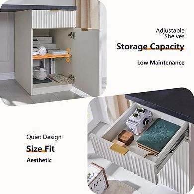 60" Modern Executive Desk, Fluted Wood Home Office Computer Desk with Drawer & Cabinet Storage