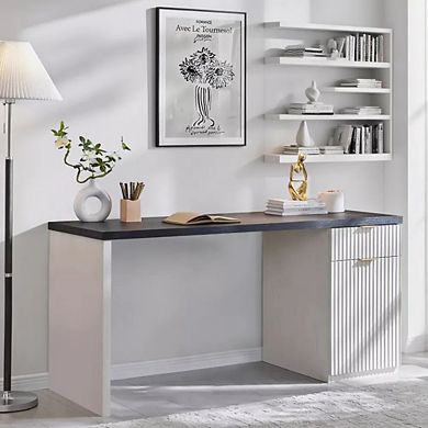 60" Modern Executive Desk, Fluted Wood Home Office Computer Desk with Drawer & Cabinet Storage