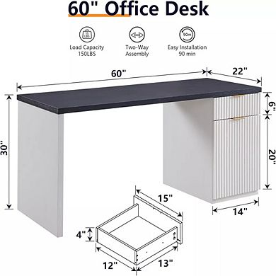 60" Modern Executive Desk, Fluted Wood Home Office Computer Desk with Drawer & Cabinet Storage