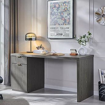 60" Modern Executive Desk, Fluted Wood Home Office Computer Desk with Drawer & Cabinet Storage