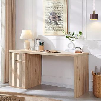 60" Executive Desk, Wood Modern Home Office Desk with Drawer & Cabinet, Fluted Computer Writing Desk