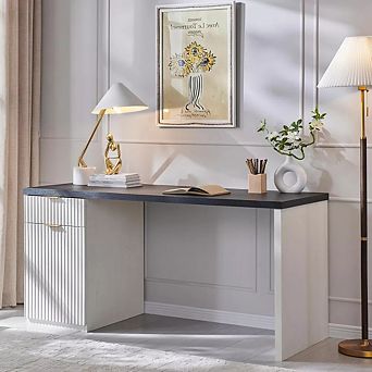 60" Executive Desk, Wood Modern Home Office Desk with Drawer & Cabinet, Fluted Computer Writing Desk